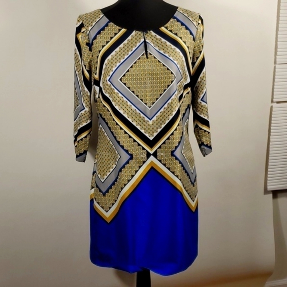 Banana Republic Womens Dress Blue Yellow Geometric 3/4 Sleeve Siz 6